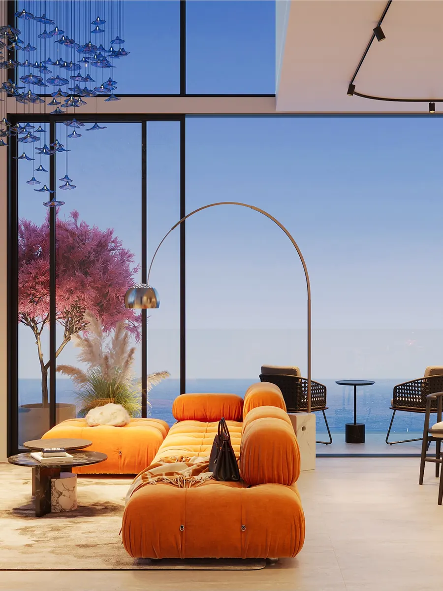Villa del Gavi Dubai Islands – living room with floor-to-ceiling windows