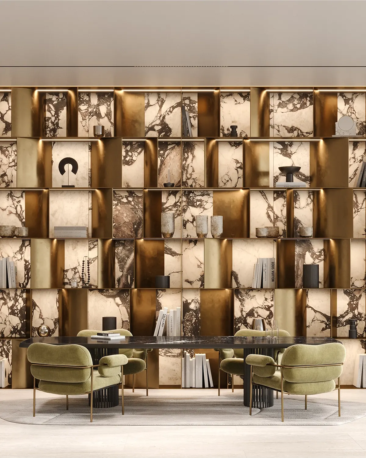 Villa del Gavi Dubai Islands – lobby lounge with marble shelving