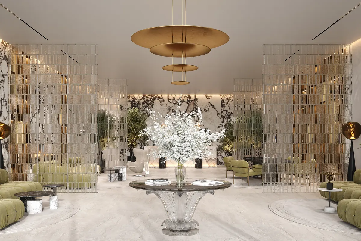 Villa del Gavi Dubai Islands – lobby with crystal installation